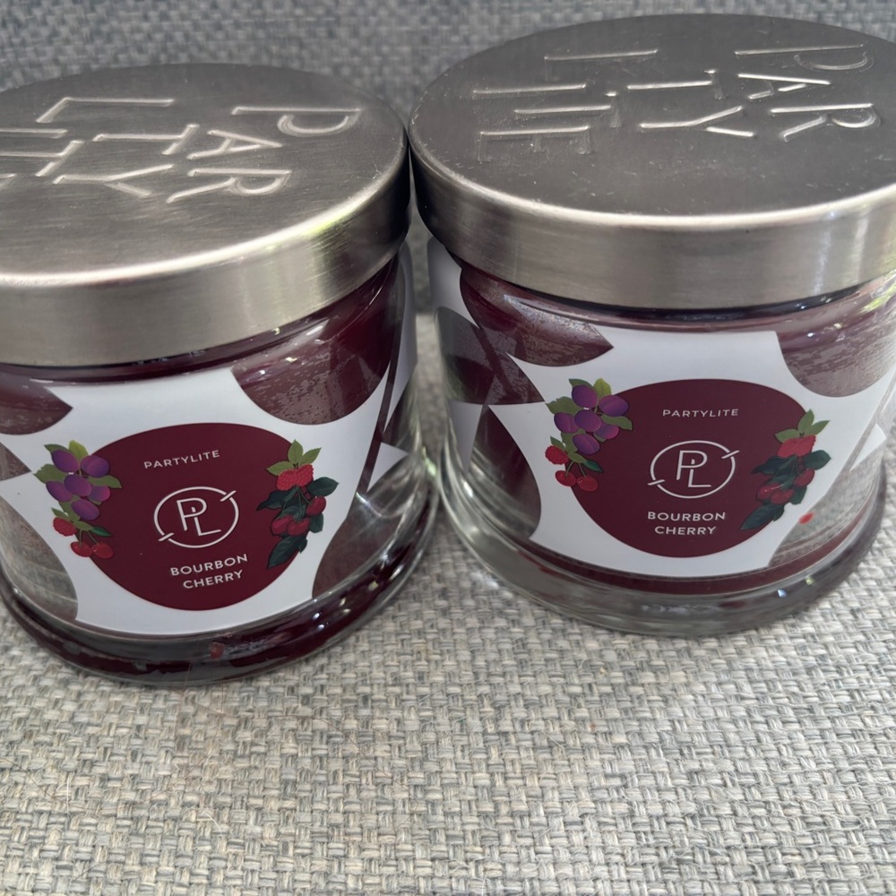 PartyLite Burgundy Bourbom Cherry 3 wick Jar Candles with Silver Lids